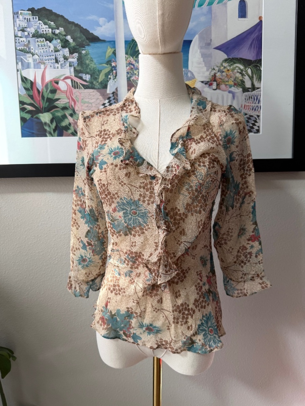 Y2K Vintage ICE Silk Ruffle Boho 3/4 Sleeve Blouse Sz S/M Bias Cut